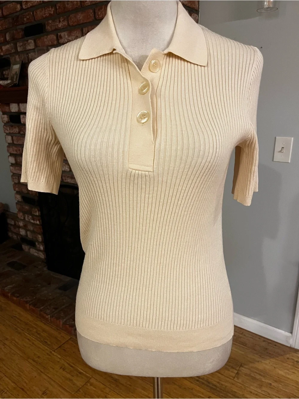 Tuckernuck Cream Ribbed Polo Button-Down Top - Picture 1 of 4
